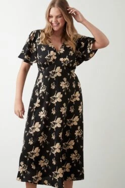 Dorothy Perkins Curve Mono Floral Angel Sleeve Midi Dress 11 Dorothy Perkins Curve Mono Floral Angel Sleeve Midi Dress -Perkindo Store bqq09889 black xl 4