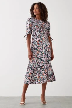 Dorothy Perkins Tall Floral Ruched Sleeve Midi Dress