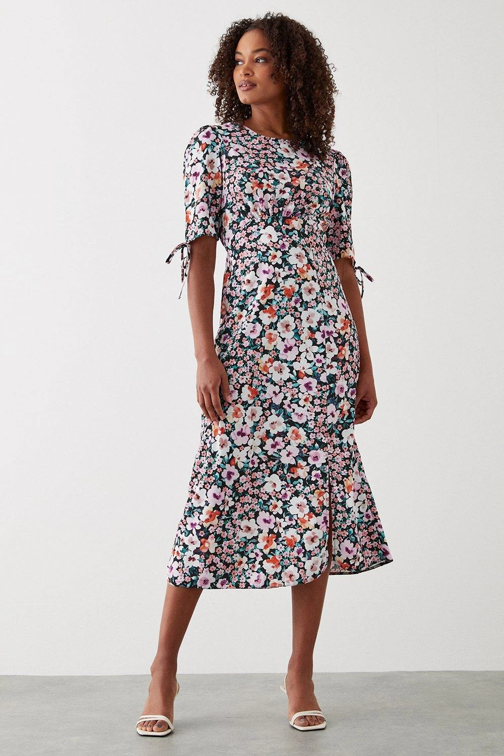 Dorothy Perkins Tall Floral Ruched Sleeve Midi Dress 3 Dorothy Perkins Tall Floral Ruched Sleeve Midi Dress
