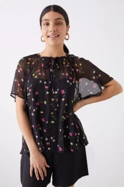 Dorothy Perkins Black Floral Chiffon Tie Neck Blouse