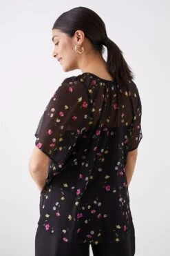 Dorothy Perkins Black Floral Chiffon Tie Neck Blouse -Perkindo Store bqq09992 black xl 2