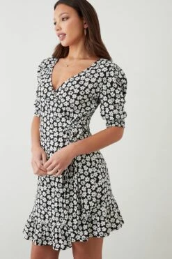 Dorothy Perkins Tall Mono Floral Ruffle Hem Wrap Mini Dress