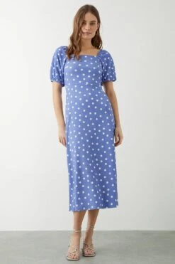 Dorothy Perkins Blue Spot Print Square Neck Midi Dress 8 Dorothy Perkins Blue Spot Print Square Neck Midi Dress -Perkindo Store bqq10021 blue xl 1