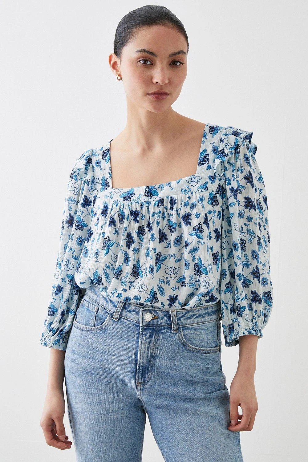 Dorothy Perkins Petite Blue Floral Square Neck Blouse 3 Dorothy Perkins Petite Blue Floral Square Neck Blouse