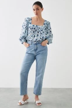 Dorothy Perkins Petite Blue Floral Square Neck Blouse 6 Dorothy Perkins Petite Blue Floral Square Neck Blouse -Perkindo Store bqq10154 ivory xl 1