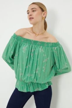 Dorothy Perkins Green Floral Shirred Bardot Top -Perkindo Store bqq10160 green xl 1