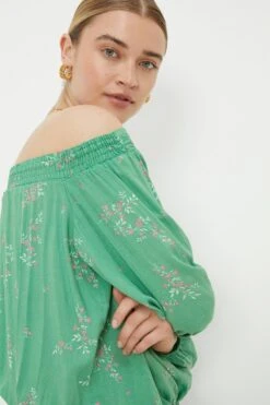 Dorothy Perkins Green Floral Shirred Bardot Top -Perkindo Store bqq10160 green xl 2