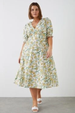Dorothy Perkins Curve Yellow Floral Shirred Cuff Midi Dress