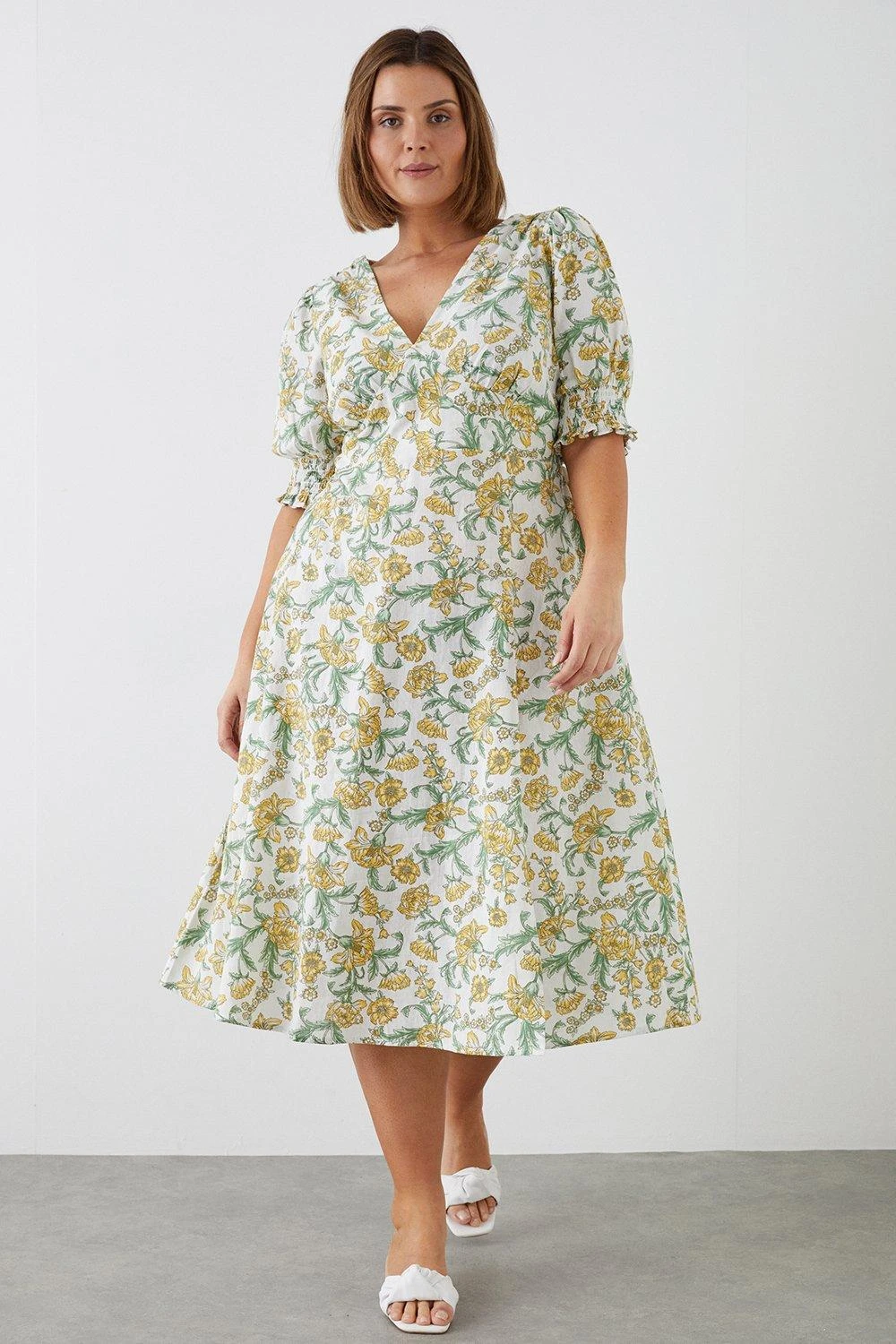 Dorothy Perkins Curve Yellow Floral Shirred Cuff Midi Dress 3 Dorothy Perkins Curve Yellow Floral Shirred Cuff Midi Dress
