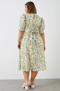 Dorothy Perkins Curve Yellow Floral Shirred Cuff Midi Dress 7 Dorothy Perkins Curve Yellow Floral Shirred Cuff Midi Dress -Perkindo Store bqq10170 white xl 2