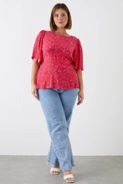 Dorothy Perkins Curve Red Floral Crinkle Angel Sleeve Blouse