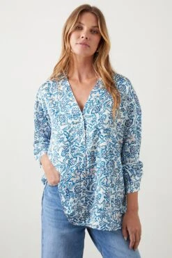 Dorothy Perkins Blue Floral Collarless Shirt