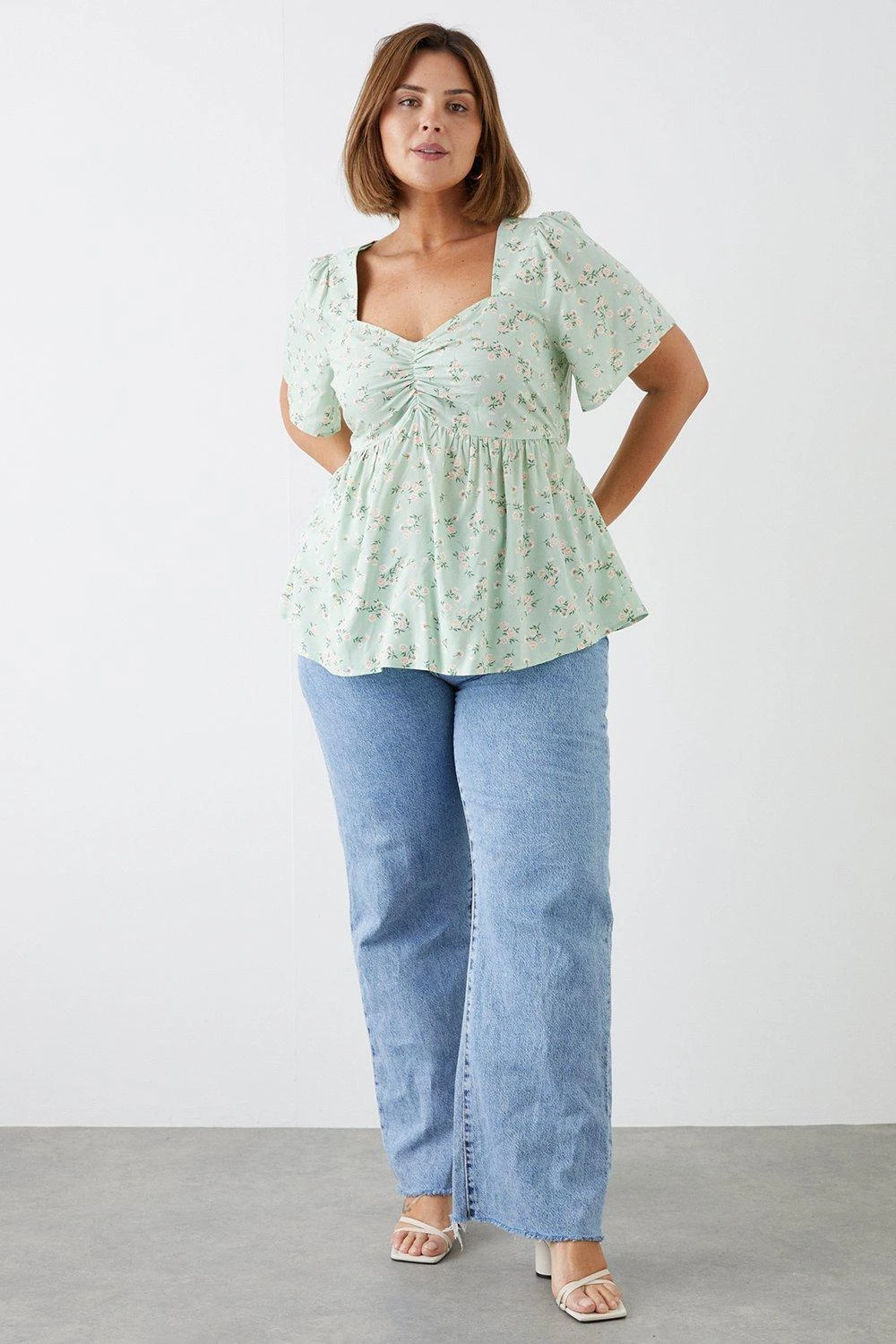 Dorothy Perkins Curve Sage Floral Ruched Front Blouse 3 Dorothy Perkins Curve Sage Floral Ruched Front Blouse