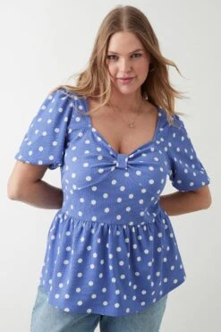 Dorothy Perkins Curve Blue Spot Ruched Front Blouse