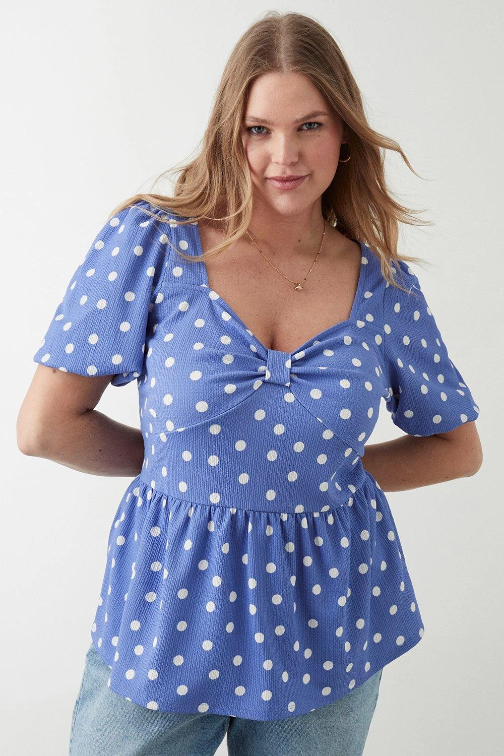 Dorothy Perkins Curve Blue Spot Ruched Front Blouse 3 Dorothy Perkins Curve Blue Spot Ruched Front Blouse
