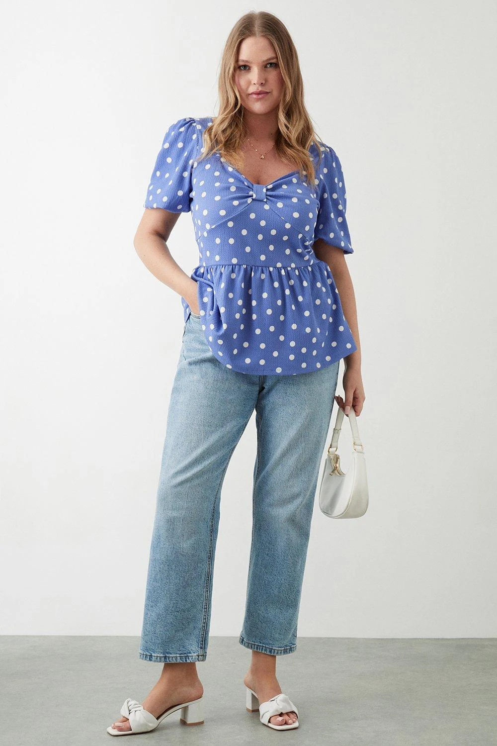 Dorothy Perkins Curve Blue Spot Ruched Front Blouse 4 Dorothy Perkins Curve Blue Spot Ruched Front Blouse - Image 2