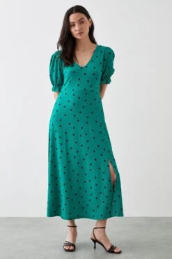 Dorothy Perkins Petite Spot Short Sleeve V Neck Midi Dress 6 Dorothy Perkins Petite Spot Short Sleeve V Neck Midi Dress -Perkindo Store bqq10360 green xl 1