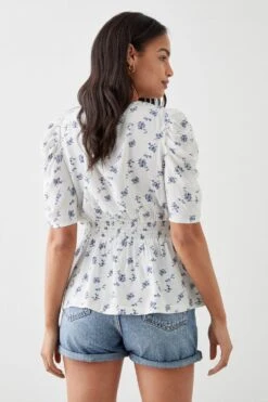 Dorothy Perkins Blue Floral Shirred Waist Blouse -Perkindo Store bqq10525 blue xl 2