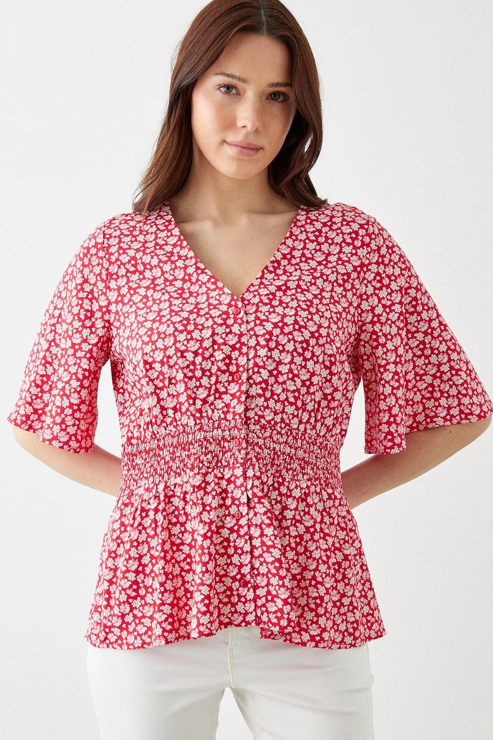 Dorothy Perkins Red Floral Button Through Tea Blouse 3 Dorothy Perkins Red Floral Button Through Tea Blouse