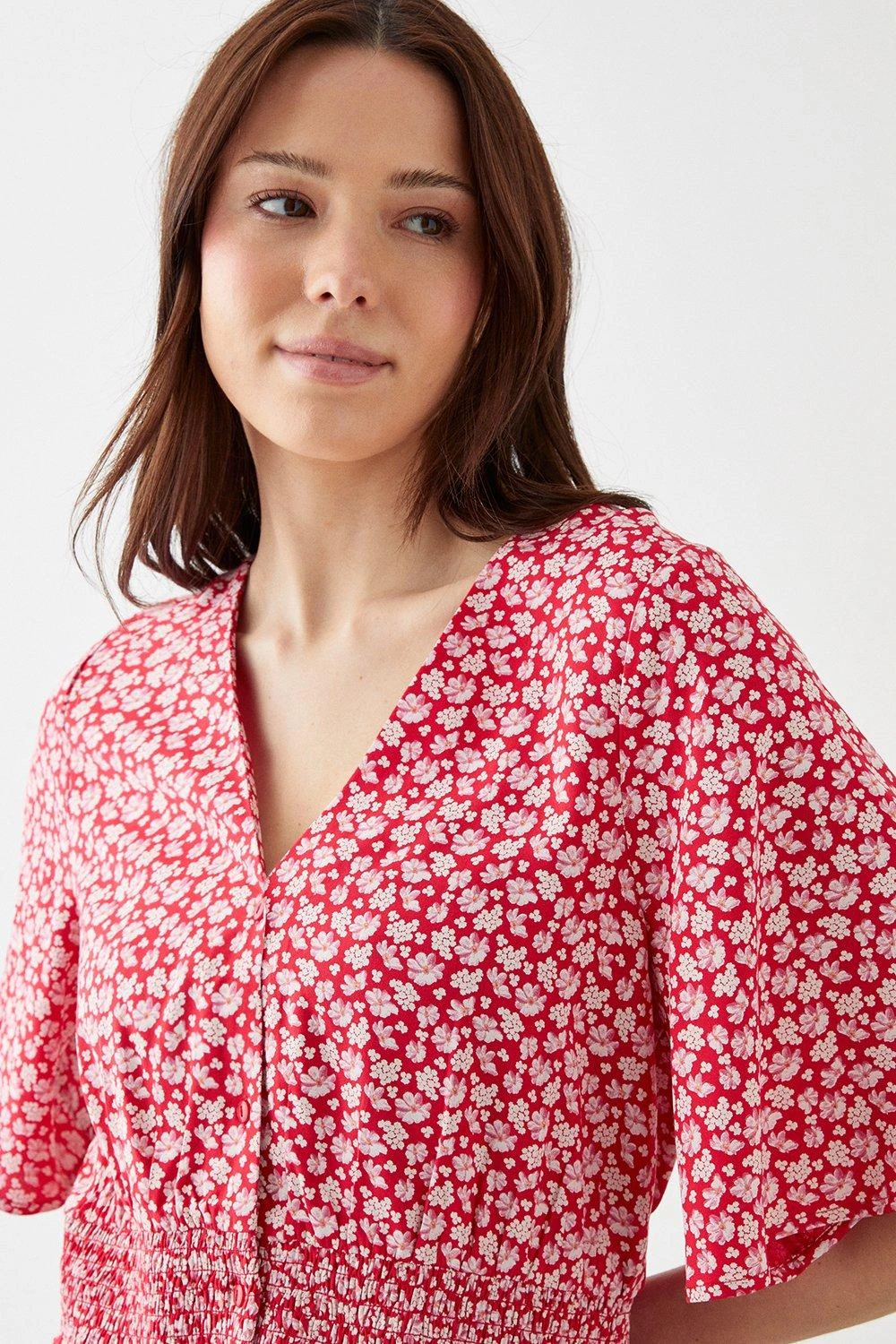 Dorothy Perkins Red Floral Button Through Tea Blouse 4 Dorothy Perkins Red Floral Button Through Tea Blouse - Image 2