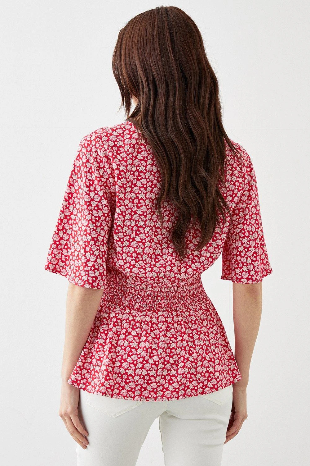 Dorothy Perkins Red Floral Button Through Tea Blouse 5 Dorothy Perkins Red Floral Button Through Tea Blouse - Image 3