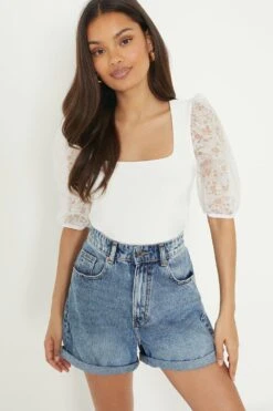 Dorothy Perkins Petite Square Neck Floral Organza Short Sleeve Top 7 Dorothy Perkins Petite Square Neck Floral Organza Short Sleeve Top -Perkindo Store bqq10583 white xl 1