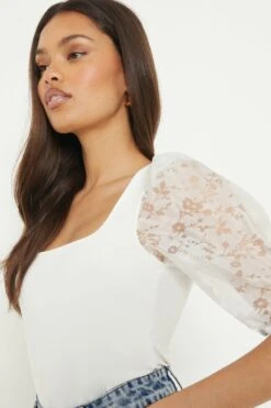 Dorothy Perkins Petite Square Neck Floral Organza Short Sleeve Top 9 Dorothy Perkins Petite Square Neck Floral Organza Short Sleeve Top -Perkindo Store bqq10583 white xl 3