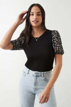 Dorothy Perkins Floral Contrast Mesh Sleeve Top