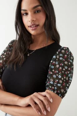 Dorothy Perkins Floral Contrast Mesh Sleeve Top 9 Dorothy Perkins Floral Contrast Mesh Sleeve Top -Perkindo Store bqq10595 black xl 3