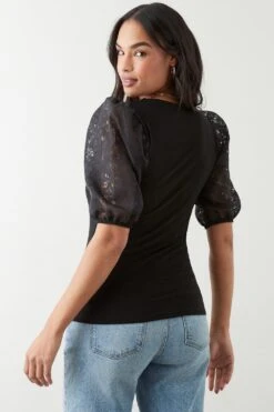 Dorothy Perkins Square Neck Floral Organza Short Sleeve Top -Perkindo Store bqq10599 black xl 2