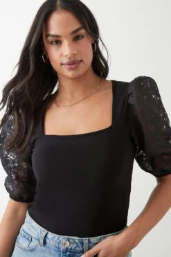 Dorothy Perkins Square Neck Floral Organza Short Sleeve Top -Perkindo Store bqq10599 black xl 3