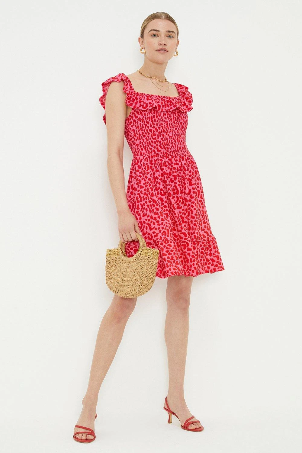 Dorothy Perkins Pink Animal Shirred Bardot Mini Dress 4 Dorothy Perkins Pink Animal Shirred Bardot Mini Dress - Image 2