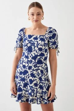 Dorothy Perkins Blue Floral Tie Sleeve Frill Hem Mini Dress