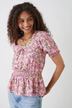 Dorothy Perkins Pink Ditsy Tie Front Shirred Blouse