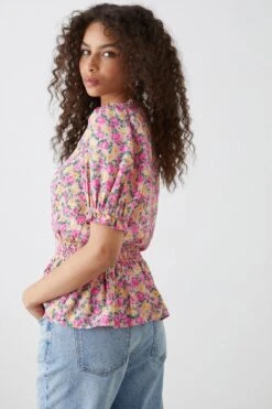 Dorothy Perkins Pink Ditsy Tie Front Shirred Blouse -Perkindo Store bqq10660 pink xl 2