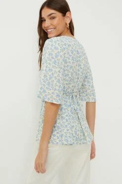 Dorothy Perkins Tall Blue Ditsy Button Through Tea Blouse -Perkindo Store bqq10675 blue xl 2