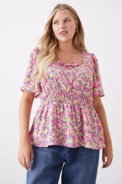 Dorothy Perkins Curve Pink Floral Sihrred Bodice Tie Blouse