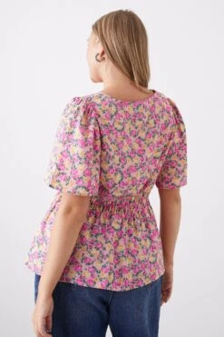 Dorothy Perkins Curve Pink Floral Sihrred Bodice Tie Blouse -Perkindo Store bqq10686 pink xl 2