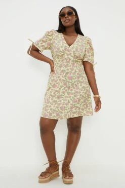 Dorothy Perkins Curve Floral Button Front Tie Sleeve Mini Dress