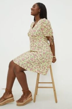 Dorothy Perkins Curve Floral Button Front Tie Sleeve Mini Dress -Perkindo Store bqq10689 yellow xl 2