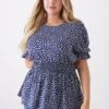 Dorothy Perkins Curve Blue Non Print Shirred Waist Puff Sleeve Top