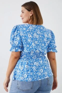 Dorothy Perkins Curve Blue Floral Shirred Waist Puff Sleeve Top -Perkindo Store bqq10704 blue xl 2