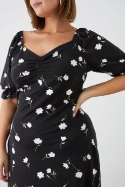 Dorothy Perkins Curve Black Floral Ruched Front Short Sleeve Midi Dress -Perkindo Store bqq10707 black xl 1