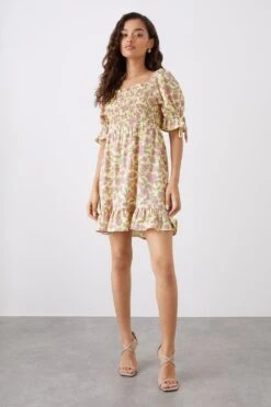 Dorothy Perkins Petite Floral Print Shirred Bodice Frill Hem Mini Dress 9 Dorothy Perkins Petite Floral Print Shirred Bodice Frill Hem Mini Dress -Perkindo Store bqq10789 yellow xl 3
