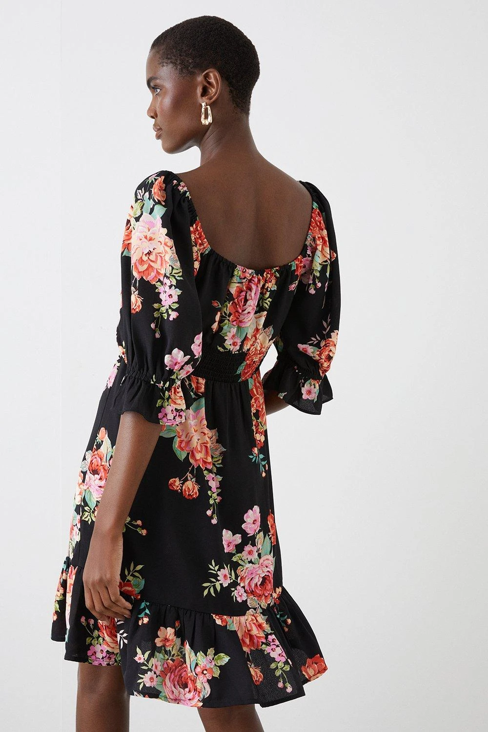 Dorothy Perkins Tall Black Floral Print Shirred Waist Tiered Mini Dress 5 Dorothy Perkins Tall Black Floral Print Shirred Waist Tiered Mini Dress - Image 3