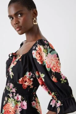 Dorothy Perkins Tall Black Floral Print Shirred Waist Tiered Mini Dress 9 Dorothy Perkins Tall Black Floral Print Shirred Waist Tiered Mini Dress -Perkindo Store bqq10802 black xl 3