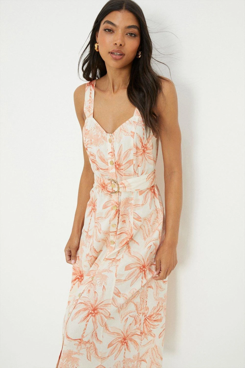 Dorothy Perkins Ivory Palm Print Button Through Strappy Midi Dress 3 Dorothy Perkins Ivory Palm Print Button Through Strappy Midi Dress