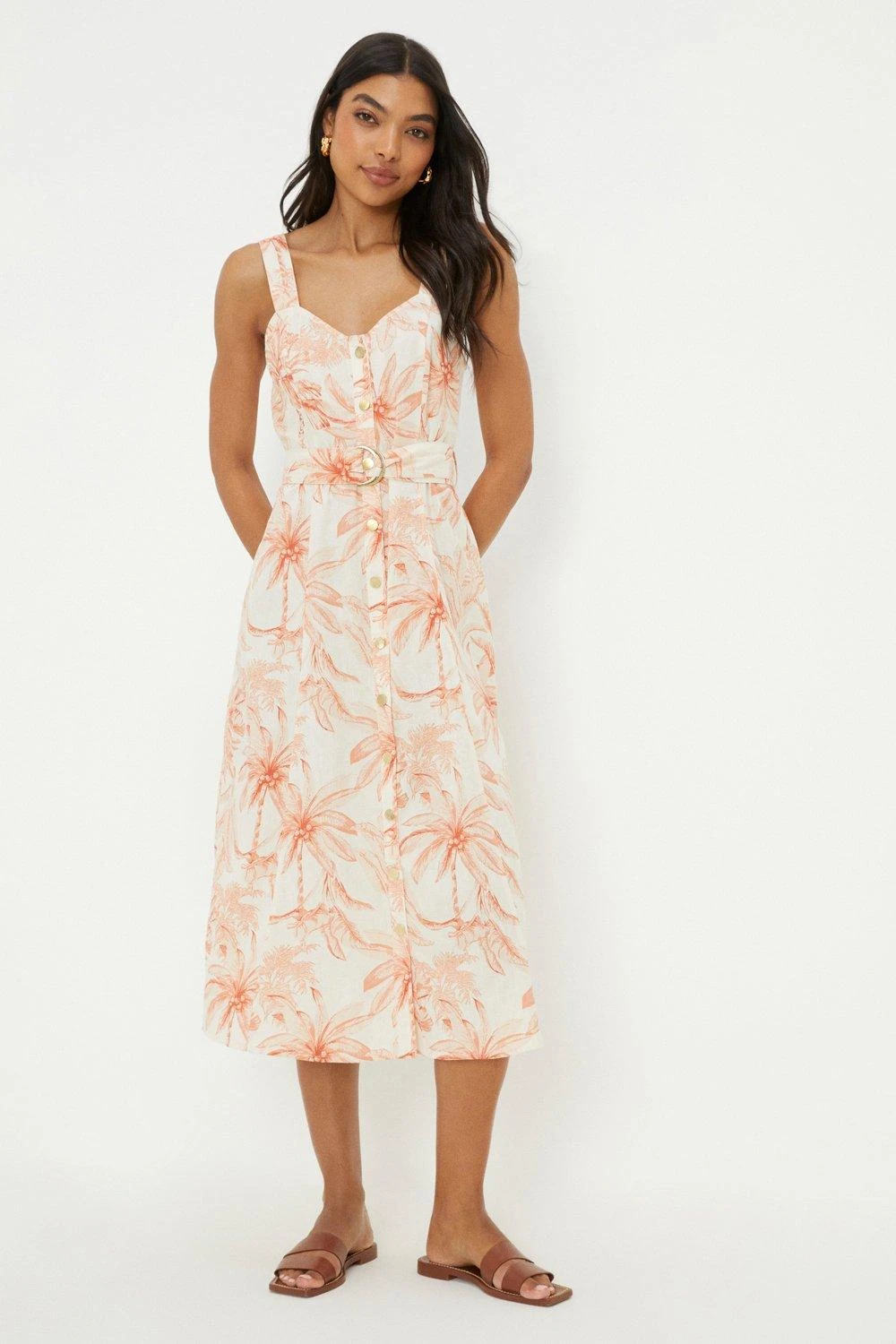 Dorothy Perkins Ivory Palm Print Button Through Strappy Midi Dress 4 Dorothy Perkins Ivory Palm Print Button Through Strappy Midi Dress - Image 2