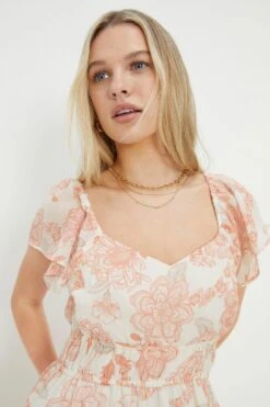 Dorothy Perkins Petite Ivory Chiffon Floral Print Flutter Sleeve Midi Dress -Perkindo Store bqq11024 ivory xl 1