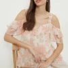 Dorothy Perkins Floral Chiffon Frill Neck Bardot Top -Perkindo Store bqq11036 pink xl